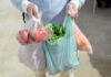 Person carrying grocery bags with vegetables and fruits