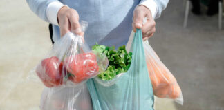 Person carrying grocery bags with vegetables and fruits