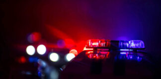 Police car lights shining in the dark