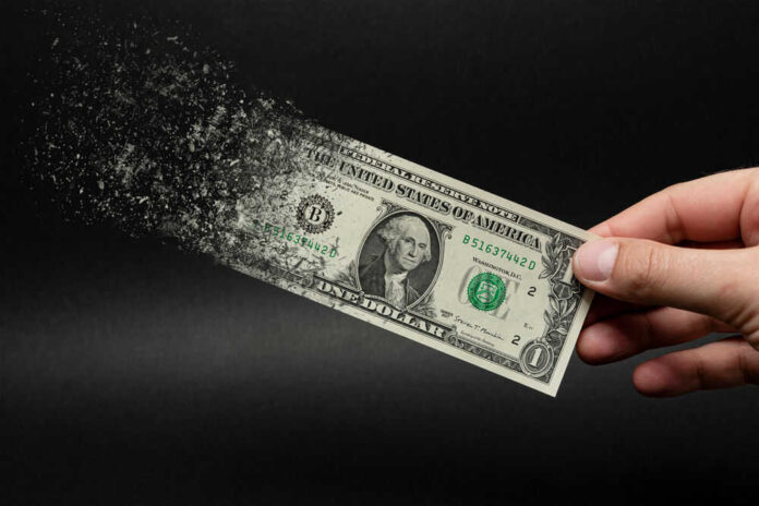 Dollar bill disintegrating while held by hand