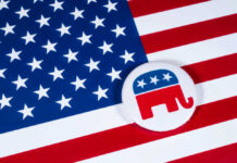 American flag and Republican Party elephant logo button