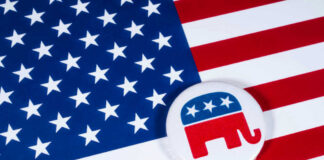 American flag and Republican Party elephant logo button