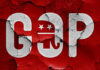 Cracked GOP logo on a red background