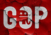 Cracked GOP logo on a red background