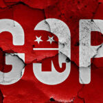 Cracked GOP logo on a red background