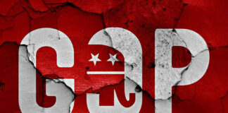 Cracked GOP logo on a red background