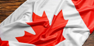 Canadian flag with red maple leaf displayed