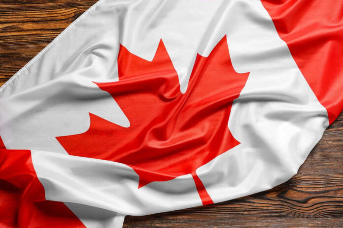Canadian flag with red maple leaf displayed