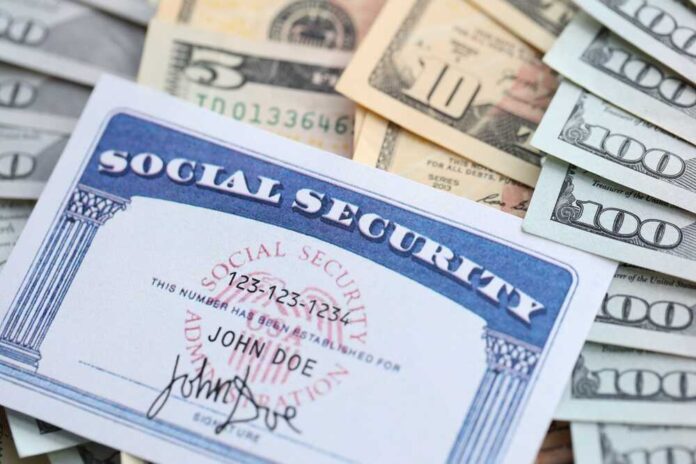 A social security card placed on top of various denominations of US currency