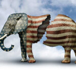 Elephant with American flag pattern split into two halves.