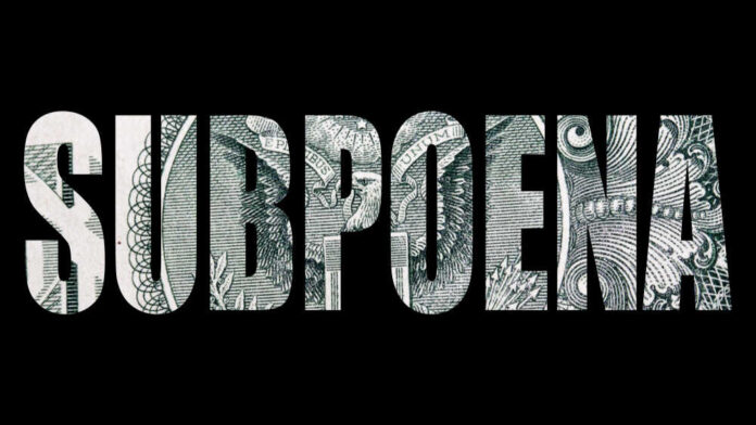 The word 'SUBPOENA' formed with a background of dollar bill patterns