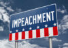 Impeachment Ultimatum Hits Trump A sign displaying the word 'IMPEACHMENT' against a cloudy sky