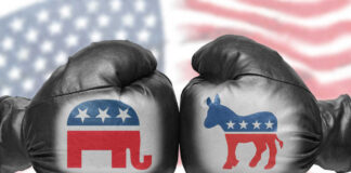 Boxing gloves with Republican and Democrat symbols.