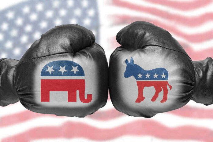 Boxing gloves with Republican and Democrat symbols.
