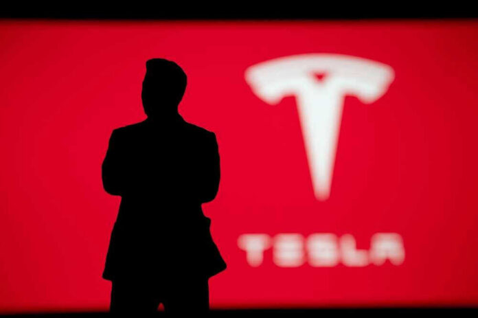 shutterstock_2221500907.jpg Silhouette with Tesla logo in red background.