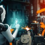 A humanoid robot using a tablet in an industrial setting with robotic arms in action