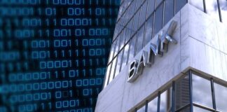 Modern bank building with digital binary code background