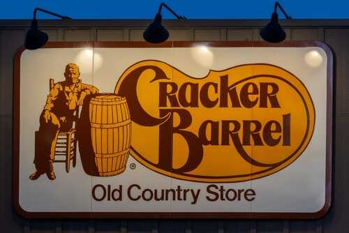 shutterstock_2668632685.jpg Cracker Barrel restaurant sign featuring a seated figure and a barrel