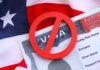 A red 'no' symbol over a visa document on an American flag background
