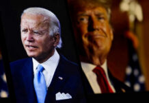Joe Biden and Donald Trump in separate portraits.
