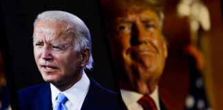 Joe Biden and Donald Trump in separate portraits.