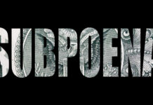 The word 'SUBPOENA' formed with a background of dollar bill patterns