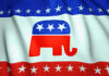 Republican Party elephant logo on American flag background.
