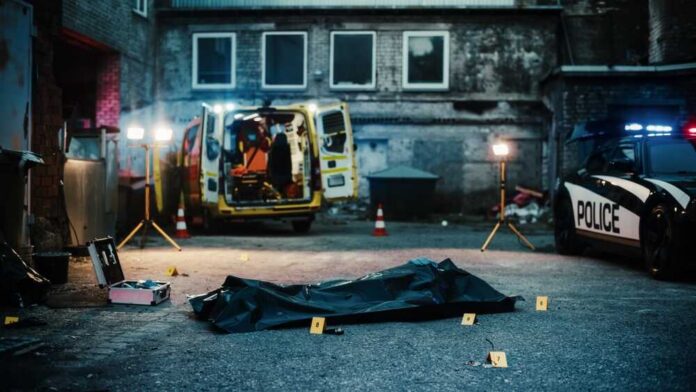 shutterstock_2230645607.jpg Police investigation at a crime scene with a covered body and evidence markers