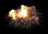 A large explosion with flames and smoke against a black background