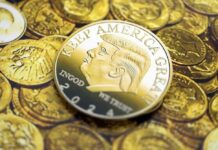 Gold coin featuring a profile of a political figure with the slogan 'Keep America Great'