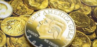 Gold coin featuring a profile of a political figure with the slogan 'Keep America Great'