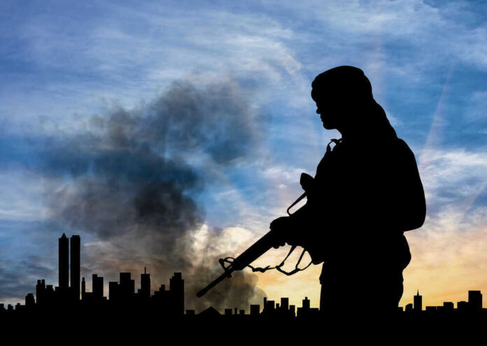 Silhouetted soldier with rifle, smoky cityscape background.