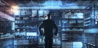 A businessman analyzing data on a digital interface