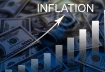 A visual representation of inflation with dollar bills and a rising graph