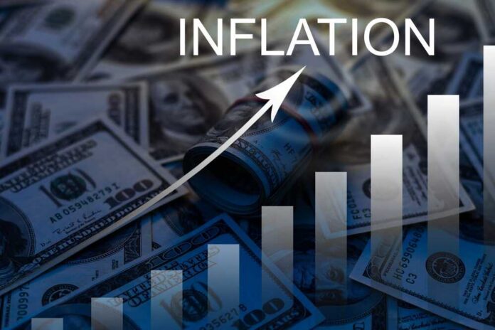 A visual representation of inflation with dollar bills and a rising graph