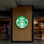 Starbucks coffee shop entrance with logo and customers inside
