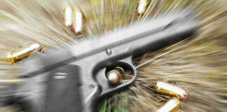 Pistol and bullets on grass with motion blur effect.
