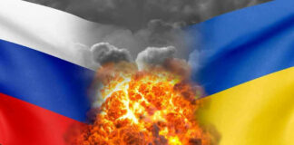 Explosions between Russian and Ukrainian flags.