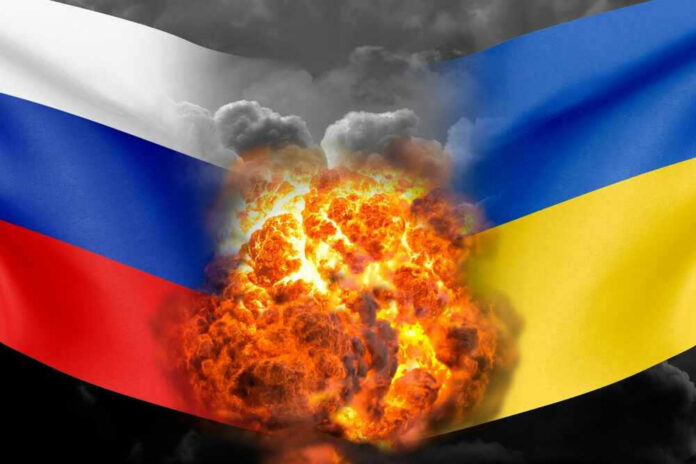 shutterstock_2127806855 Explosions between Russian and Ukrainian flags.