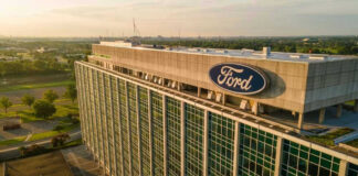 Ford headquarters building aerial view.