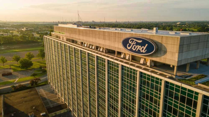 shutterstock_2167782495.jpg Ford headquarters building aerial view.