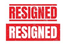 Graphic design featuring the word 'RESIGNED' in bold red letters