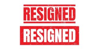 Graphic design featuring the word 'RESIGNED' in bold red letters