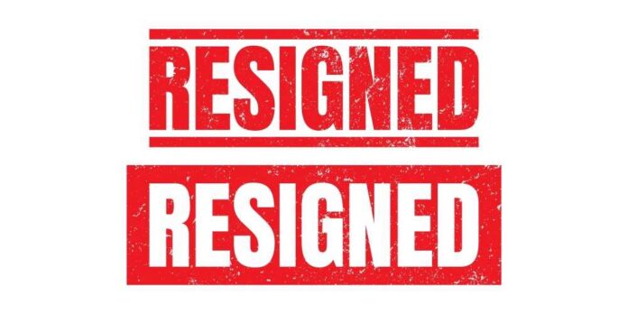 Graphic design featuring the word 'RESIGNED' in bold red letters