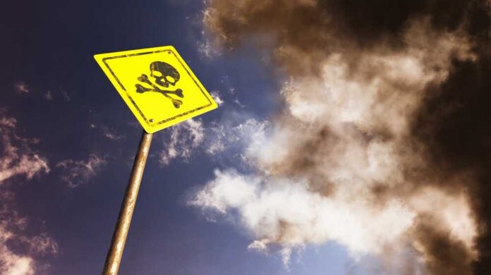 Road,Sign,Against,Blue,Sky.,Skull,And,Crossbones.,Danger,Of