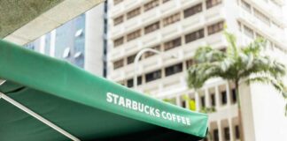 Starbucks Coffee awning in an urban environment
