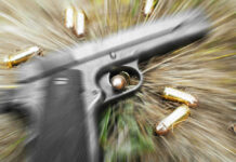 Liberal City CHAOS: Teens, Gun, and Cops Hit Pistol and bullets on grass with motion blur effect.