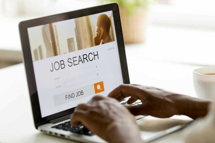 1044298738 Person searching for jobs on a laptop.