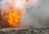 A large explosion with flames and smoke.