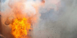 A large explosion with flames and smoke.